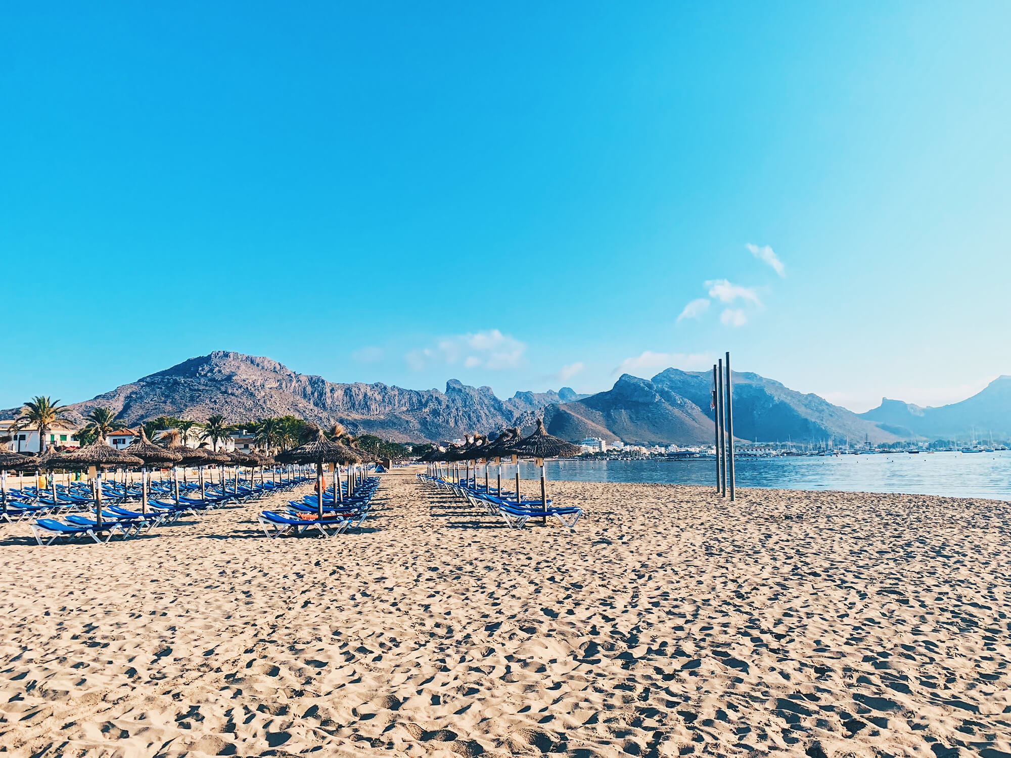 Sun loungers on the beach of pollenca